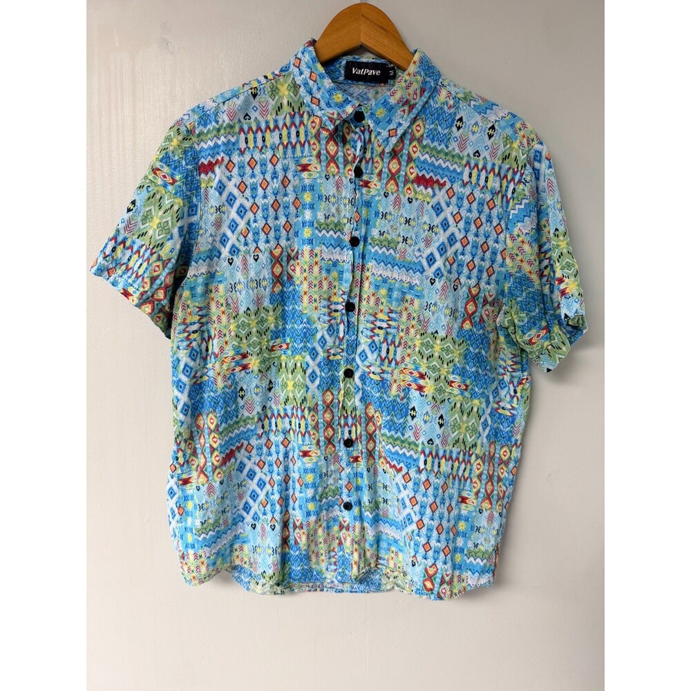 Vatpave Men's M Blue Multicolor Geometric Short Sleeve Button Up Shirt